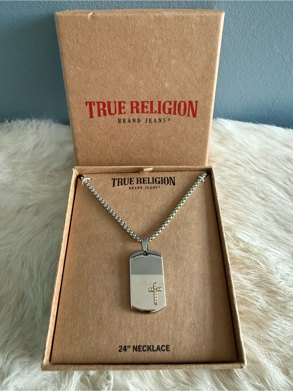 True Religion Men’s Stainless Steel Dog Tag Cross Pendant